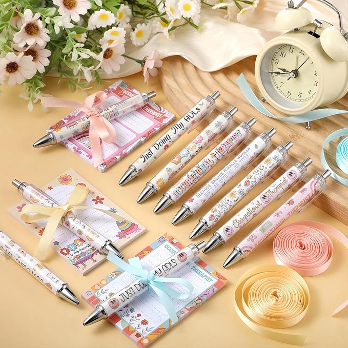 Eaasty 48 Pcs Occupational Therapy Notepads and Ballpoint Pens with Ribbon Bulk OT Month Gifts Thank You Appreciation Gifts for Occupational Therapist Women Coworker Office School Party Favor