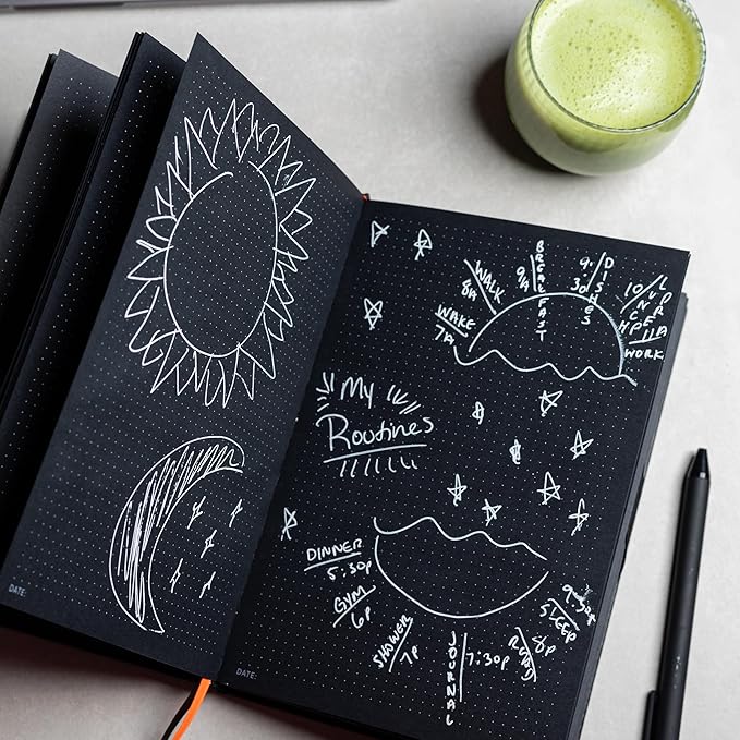 Notsu Pitch Black Paper Notebook A5 Dotted Journal | Minimalist Bullet Dot Grids with 160 Black Pages of Premium Thick 150gsm Paper, Vegan Leather Hardcovers