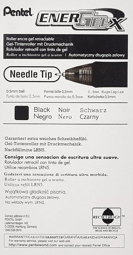 Pentel EnerGel-X Retractable Liquid Gel Pen, 0.5 mm, Black, Pack of 24