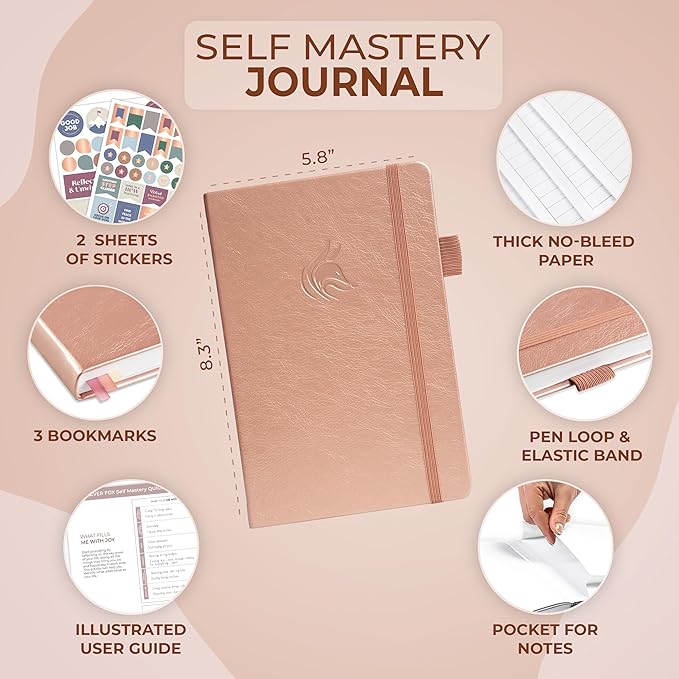 Clever Fox Self Mastery Journal – Guided Daily Reflection & Self Improvement Journal with Prompts – Journaling Notebook for Women & Men (Rose Gold)