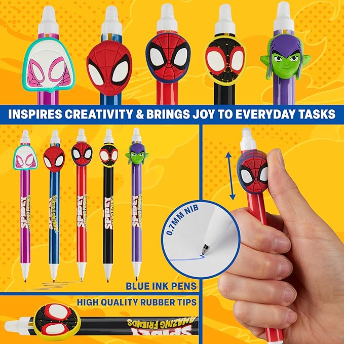 Get Trend Marvel Spidey 5pcs Erasable Gel Ink Pens Cute Writing Pens for Kids Fun Stationery Set Kawaii Journaling Supplies Gift Set Cool Pen Gifts for Kids (Spidey)
