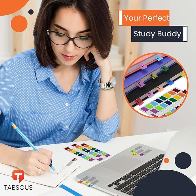 Tabsous 1248 Sticky Tabs - Repositionable, Writable Index Tabs & Page Flags for Books, Files, and Notes - Transparent Colored Markers for Organizing, Highlighting, Classifying Documents (08 Colors)