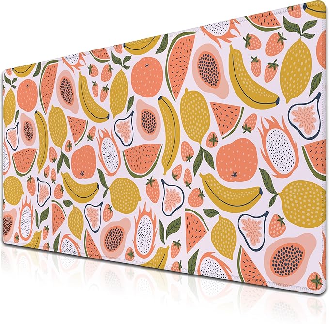 Large Desk Pad, Keyboard Mouse Pad Gaming Desk Mats, Mouse Pad Mat Non-Slip Rubber Base Waterproof with Stitched Edges, 35.4 X 15.7 inch for Work/Game/Office/Home Bright Summer Cartoon Fruits