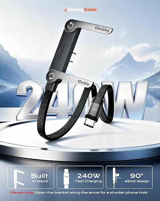 chubbycable StandLite 240W Braided Fast Charge Cable with Built-in Phone Stand T-Shaped Foldable Durable USB-C Cord 90 Degree USB C Cable Right Angle Multi-Functional Charger Cord (3PCS)