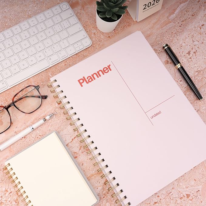 Undated Weekly Planner, 8.5x11” – Dashboard Layout with Yearly Review, Monthly Calendars, & Weekly To Do List, Spiral Bound Organizer for Work, Study & Life (Blush White)