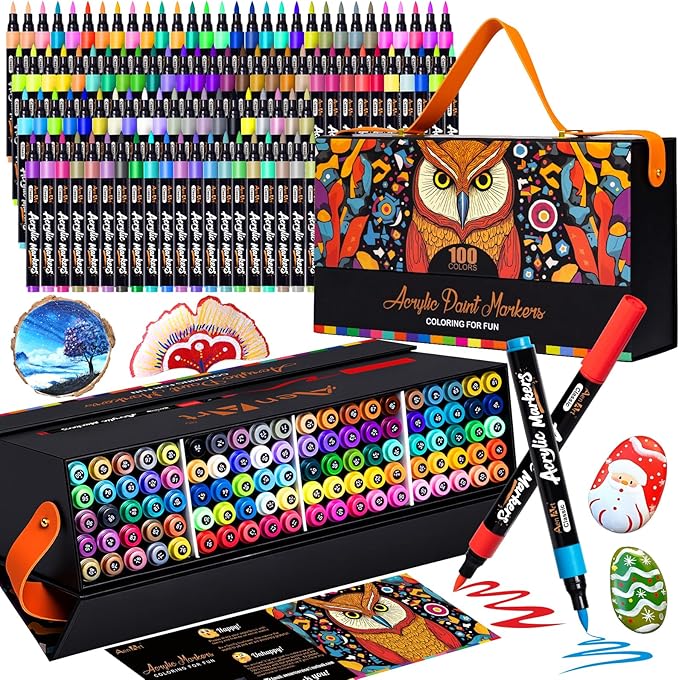 Aen Art 100 Colors Acrylic Paint Markers, Brush Tip Paint Pens Work on Paper, Rock Painting, Egg, Stone, Wood, Glass, Fabric, Canvas, Ceramic, DIY & Art Supplies