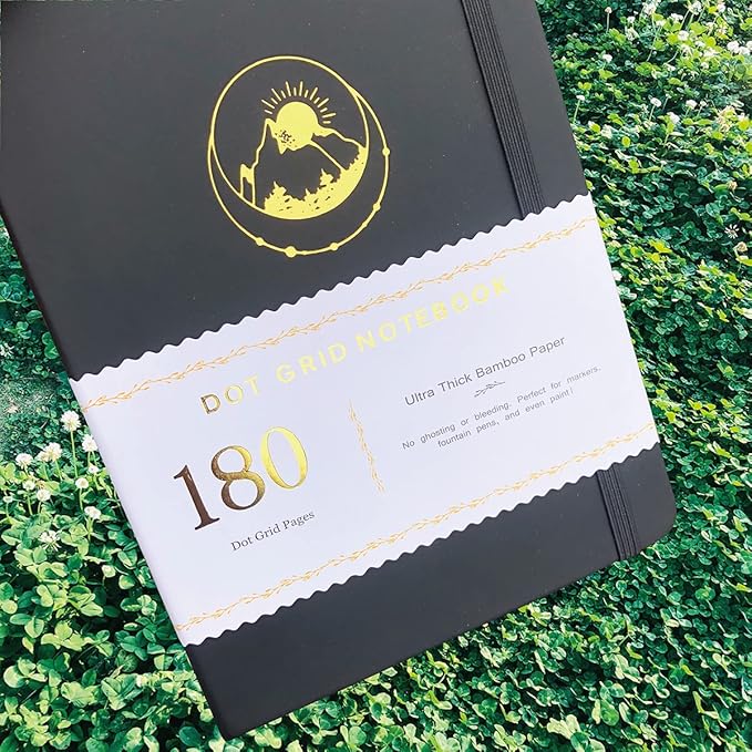 BUKE Dotted Notebook Journal 180GSM Bamboo Thick White Paper 160 Pages 5 * 5MM Dot Grid, Lay Flat Binding,Colored Silver Edges, Bookmarks and Expandable Back Pocket (BKP-2)