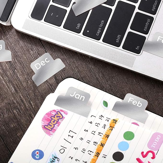 Outus 24 Pieces Monthly Adhesive Tabs for Planner - Designer Accessories Monthly Tabs Stickers Decorative for Office Planners Organizations Sturdy Notebook Planners Journal(Silver)