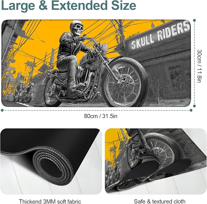 Skull Rider Cyberpunk Motorcycle Gaming Mouse Pad XL 31.5"x11.8" – Bold Yellow Graphic Desk Mat – Anti-Slip Rubber Base & Durable Stitched Edges for Gamers