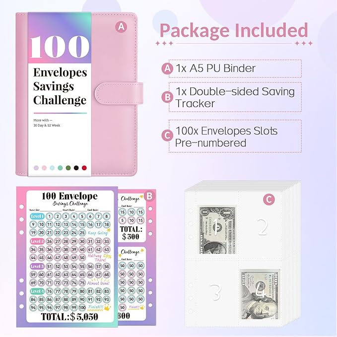 Sooez 100 Envelopes Money Saving Challenge, Savings Challenges Book with Envelopes, Flexible Saving $5050, $2600, $300, Savings Binder with 100 Pocket Pre-Number & Reusable Laminated Tracker