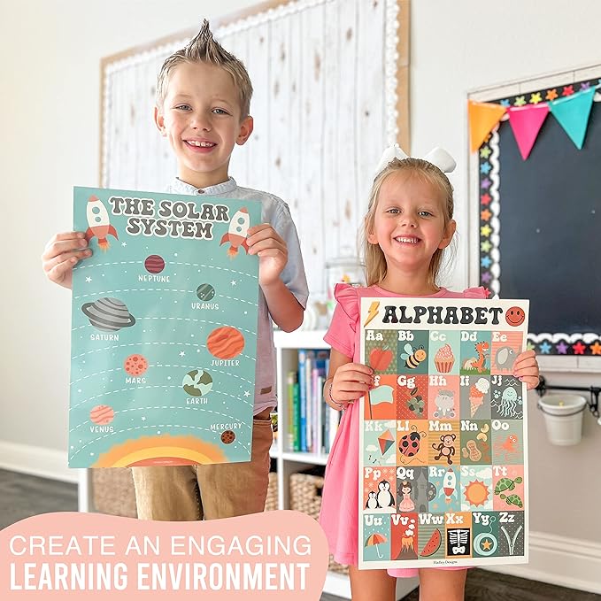 Hadley Designs 16 Educational Posters for Classroom Decor - Learning Posters for Toddlers 1-3, Alphabet for Classroom Wall, Daycare Essentials, Homeschool Posters Preschool, Retro Playroom Decor