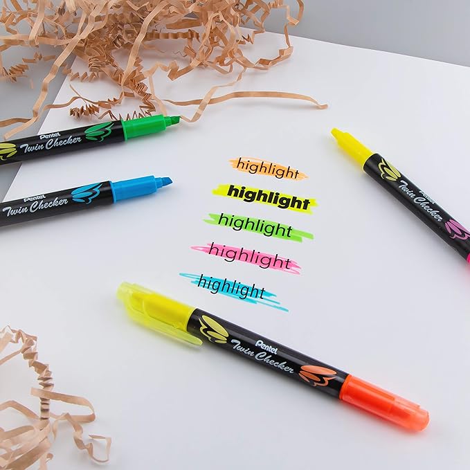 Pentel Twin Checker Dual-tip Highlighter, Chisel Tip, Yellow/Orange Ink, Pack of 12 (SLW8-GF)