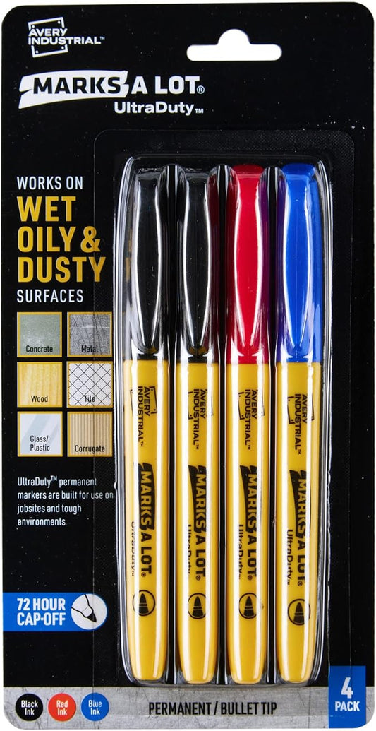 Avery Marks A Lot UltraDuty Permanent Markers, Bullet Tip, Water Resistant, Assorted Colors, 4 Industrial Markers (29848)