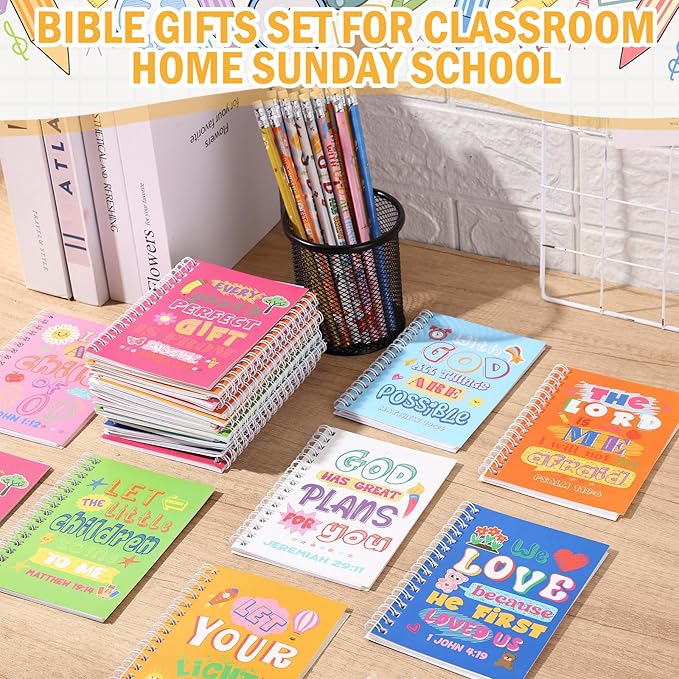 Crtiin Easter 48 Pcs Include 24 Bible Verse Notepad 24 Pencils Kids Christian Church Gifts Students Classroom Award Religious Notebook Bible Pencils Prayer Pocket School(Colorful Jesus,Eclectic)