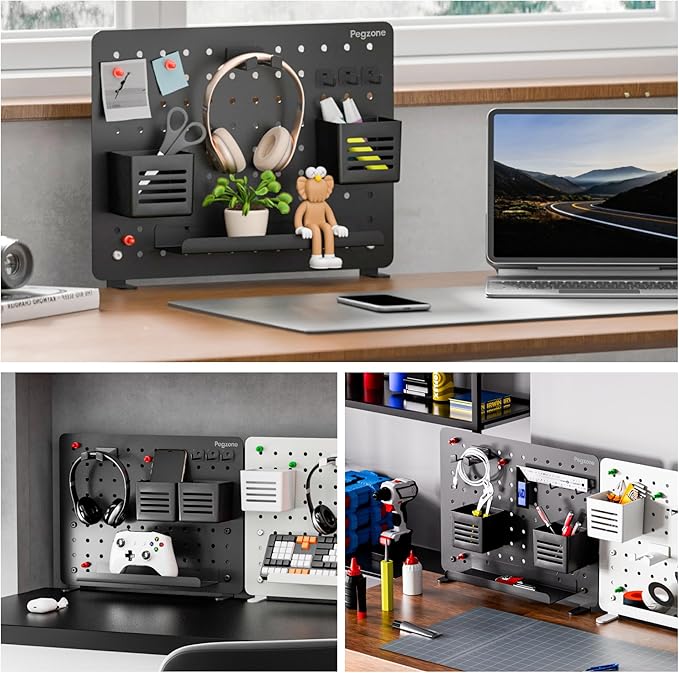 Clamp-on Desk Pegboard, Desk Organizer for Office Gaming Home, Magnetic Metal Peg Board with 10 Accessories, Privacy Panel for Office, 16.5" x 12.6", Medium, Black