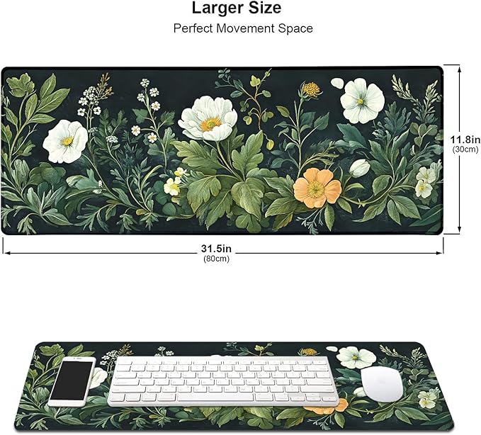 Vintage Wildflowers Flower Floral Large Mouse Pad, Desk Mat Computer Keyboard Pad Non-Slip Rubber Base Waterproof with Stitched Edges for Laptop Gaming, Office & Home 31.5 x 11.8 Inch