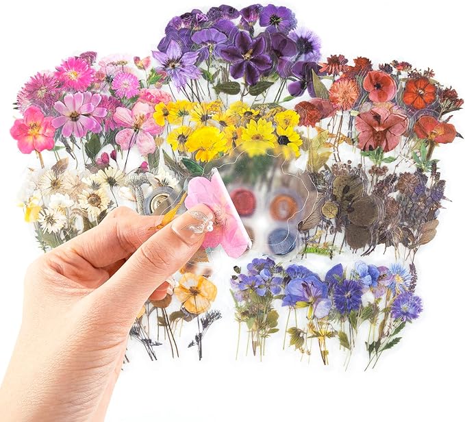 320PCS Pre-Cut Floral Stickers Set Small Flower Decal Journal Stickers PET Flower Sticker for Adult Card Making Letters DIY, Double Blade Line-Easy to Peel