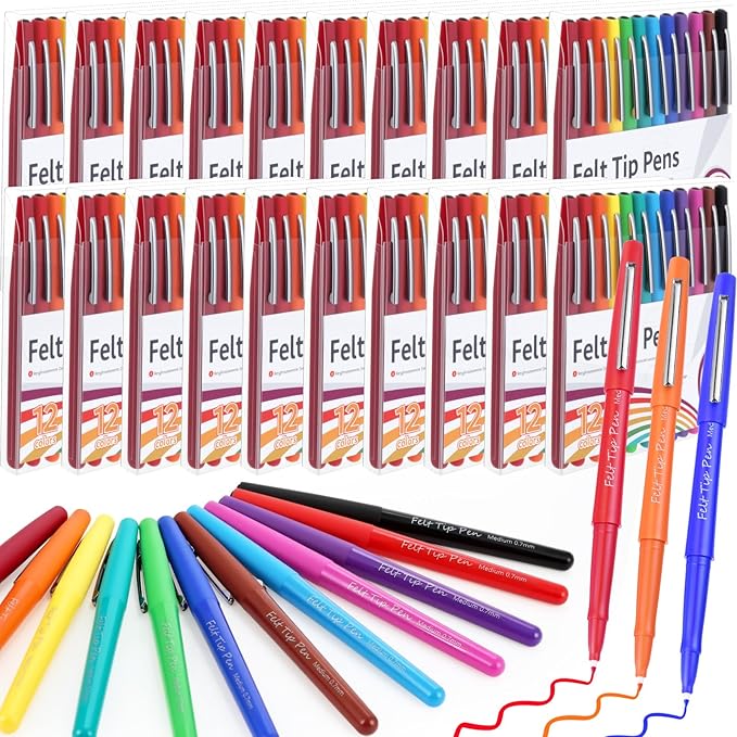 240 Pcs Felt Tip Pens 0.7mm Medium Point Felt Pen Bulk 12 Colors Markers Journal Planner for Teachers Journaling Writing Note Art Office Supplies