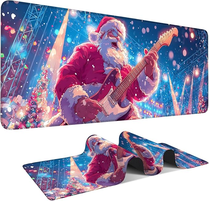 Santa Claus Guitar Extended Mouse Pad XL 31.5"x11.8" – Festive Christmas Desk Mat – Non-Slip Rubber Base, Stitched Edges