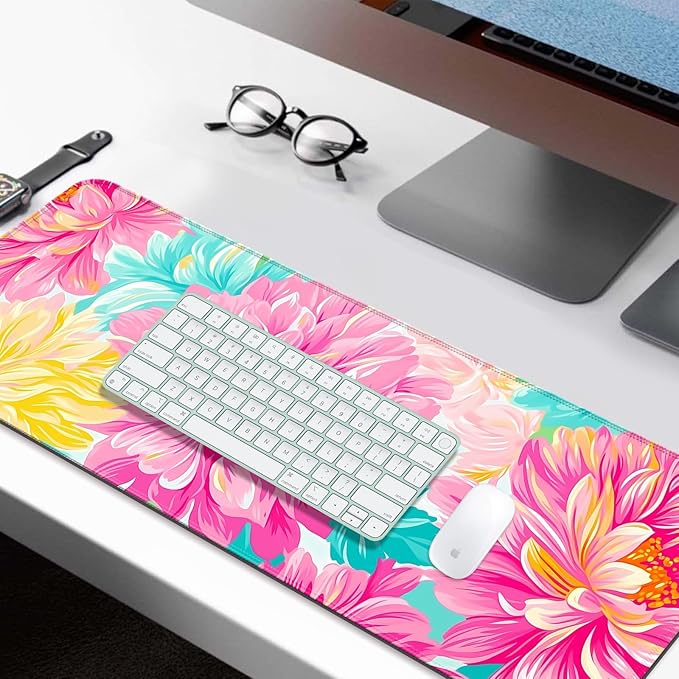 Pink Flower Gaming Desk Mat, Computer Keyboard Large Extended Long Floral Mouse Pad for Office and Home, XL (W29)