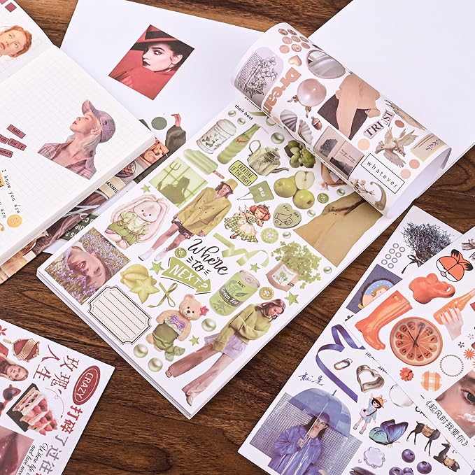 Vintage Washi Stickers for Scrapbooking, Scrapbook Stickers for Junk Journals, 50 Sheets Aesthetic Sticker Book for Journaling Supplies,Art Bullet Journals for Adults Teens Girls with 1pcs Carving
