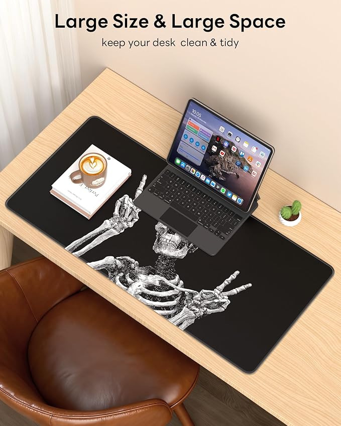 XL Gaming Mouse Pad, 31.5x17.5'' Large Desk Mat with Anti-Slip Rubber Base & Stitched Edges for Gaming, Office, Home - Fun Skull