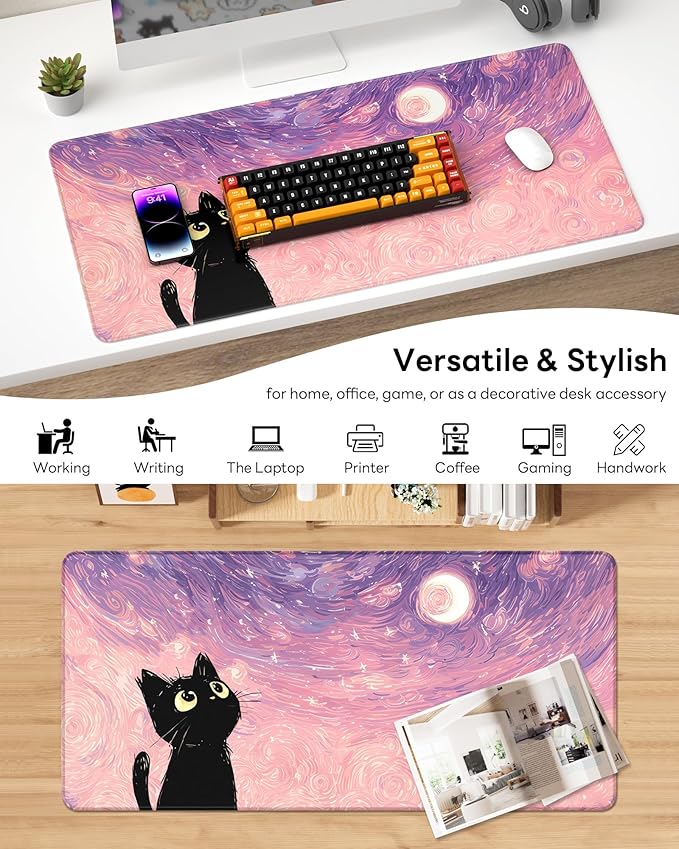 XL Gaming Mouse Pad, 31.5x17.5'' Large Desk Mat with Anti-Slip Rubber Base & Stitched Edges for Gaming, Office, Home - Van Gogh Cat