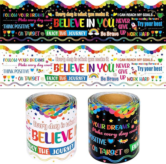 2 Rolls Inspirational Quote Bulletin Board Borders, 65.6 Ft Motivational Scalloped Trim Growth Mindset Straight Decorative Border Trim for Back to School Classroom Wall Chalkboard Decor