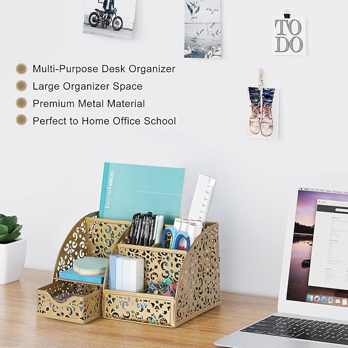 EasyPAG Pen Holder Desk Organizer with Drawer Pencil Cup for Desk 6 Compartments Metal Office Caddy Storage with Sticky Notes Holder for School Home Office, Gold