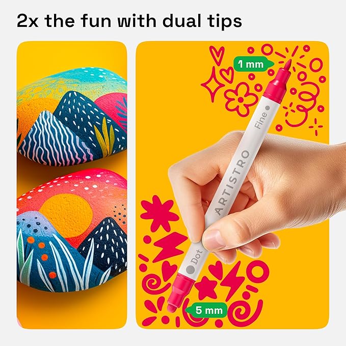 ARTISTRO 120 Acrylic Paint Markers for Rock, Fabric, Wood, Glass, Decoration - Dual-Tip Paint Pens for Coloring Books for Adults, Teens, Kids - Art and Craft Supplies Kit - Gift Idea