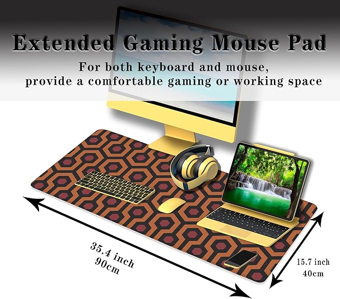 Office Desk Mat Red Yellow Big Mouse Pad Gaming Desk Pad Full Desk Mat Non-Slip Rubber Base Waterproof with Stitched Edges 35.4" X 15.7" for Game Office, The Shining Carpet Style
