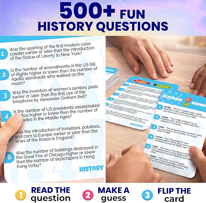 QUOKKA History Board Game for Kids 10-14 Year Olds - Family Card Game for Kids and Adults - Higher or Lower | Guess Fun Questions | Easy to Learn | 2 + Players - Challenge Game for Family Night