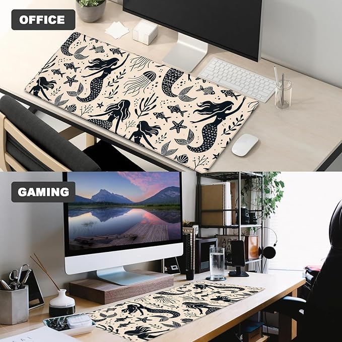 Vintage Mermaid Gaming Mouse Pad – 12x31.5in Large Extended Desk Mat with Retro Ocean Fantasy Design – Non-Slip Rubber Mousepad for Office Home– Deskmat Gifts for Girls Decor