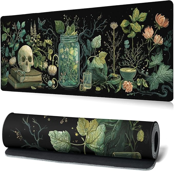 Dark Academia Gaming Mouse Pad Extra Large Mousepad Mystical Green Plant Desk Mats Japanese Full Keyboard Mat Computer Pad Desk Mat with Stitched Edges Non-Slip Desktop 31.5 x11.8 in