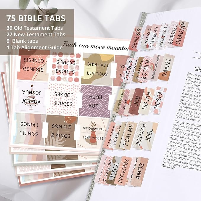 Bible Tabs for Women & Men, Laminated Bible Tabs for Study Bible, Large Print Neutral Bible Tabs for Easy Navigation, Bible Index Tabs, 66 Tabs Old & New Testament, Extra 9 Blank Tabs - Cappuccino