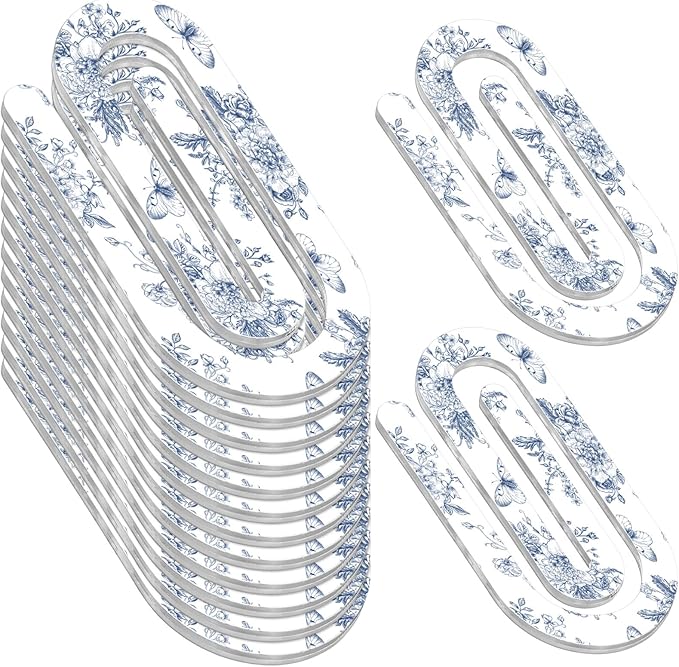 Tinlade 12 Pcs Blue Floral Jumbo Acrylic Paper Clips 4 x 2 Inch Blue and White Cute Giant Paperclips for Teachers Students Classroom Office Bookmark Gift Home Desk Accessories Book Lovers