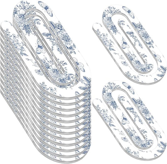 Tinlade 12 Pcs Blue Floral Jumbo Acrylic Paper Clips 4 x 2 Inch Blue and White Cute Giant Paperclips for Teachers Students Classroom Office Bookmark Gift Home Desk Accessories Book Lovers