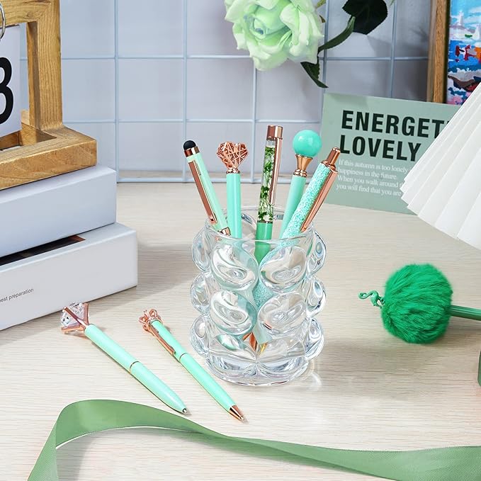 WEMATE 8Pcs Metal Crystal Diamond Ballpoint Pens Set - Glitter Green With Black & Blue Ink - Bling Fancy Gifts for Women, Wedding, School, Office Desk