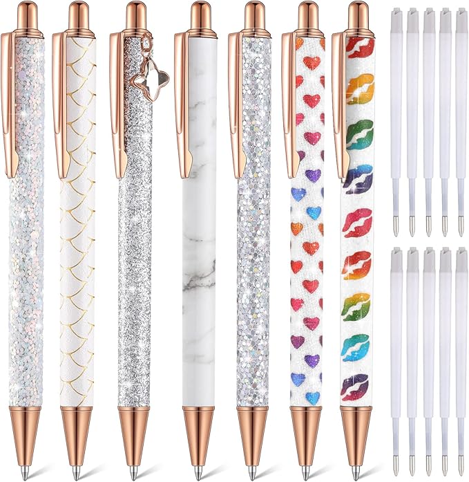 Sherr 7 Pcs Fancy Pens for Women Cute Sparkly Glitter Pens with 10 Pcs Black Ink Refills Pretty Gifts for Girls Office School Christmas Graduation(Novel)