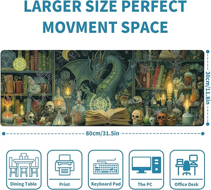Dark Dragon Mouse Pad Desk Mat XL Extended Large Gaming Desk Pad Mousepad, Mysterious Library Computer Laptop Keyboard and Mouse Mat, Desktop Protector Mat for Office and Home 31.5x11.8 in