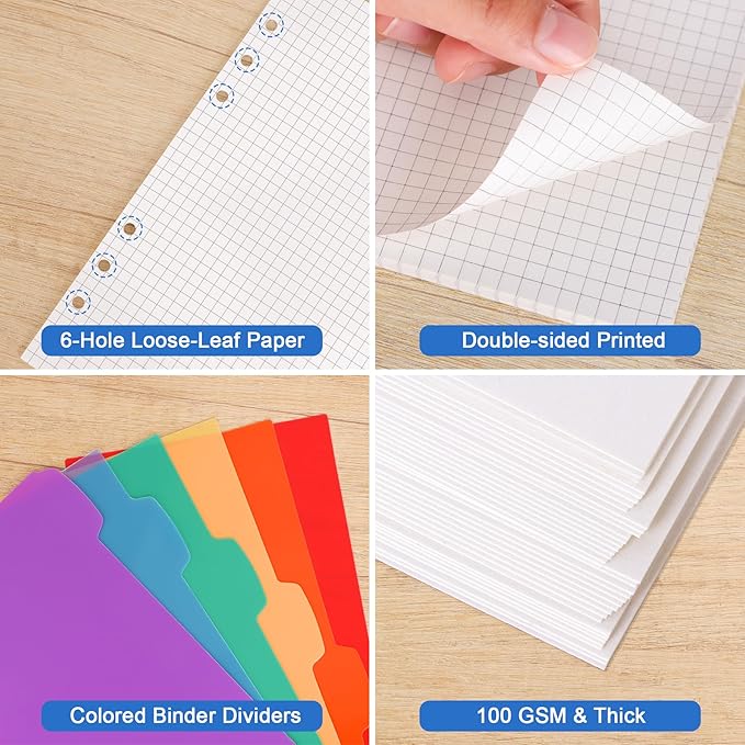 Antner A5 Grid Refill Paper Planner Inserts for A5 6-Ring Binder, 135 Sheets 6-Hole Graph Rule Loose Leaf Filler Paper Refills with 12PCS Binder Dividers for Refillable Notebooks, Bullet Journal, Math