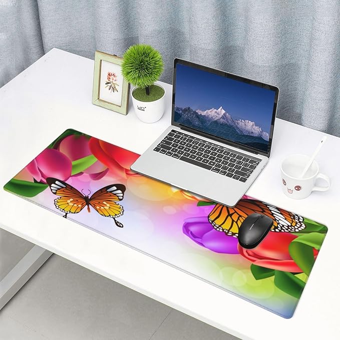 Tulip Flowers and Butterfly Large Mouse Pad with Stitched Edges Long Non-Slip Rubber Base Mousepad Laptop Keyboard Mat Desk Pad for Office Home Desk Decor, 31.5" X 11.8"