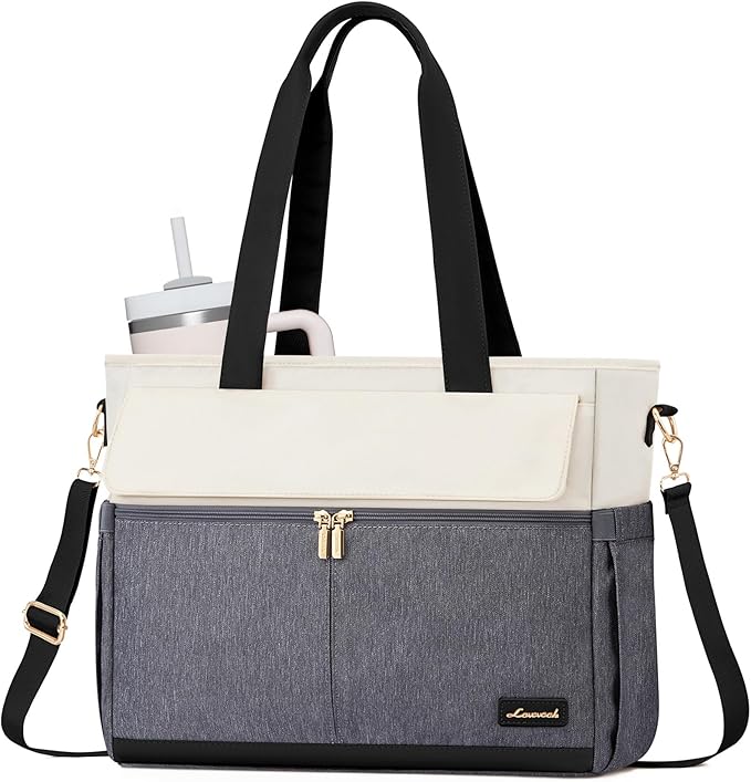 LOVEVOOK Laptop Bag for Women 15.6 Inch Canvas Laptop Large Capacity Work Bags Mutiple Pockets Teacher Bag Water Resistant Computer Bags for Business Travel Nurse, Gray Beige