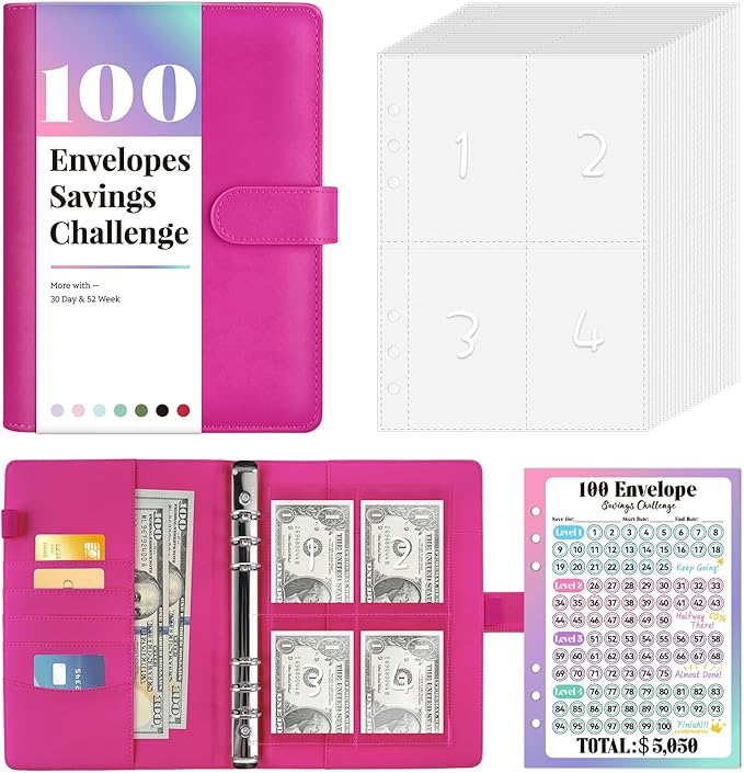 Sooez 100 Envelopes Money Saving Challenge, Savings Challenges Book with Envelopes, Flexible Saving $5050, $2600, $300, Savings Binder with 100 Pocket Pre-Number & Reusable Laminated Tracker
