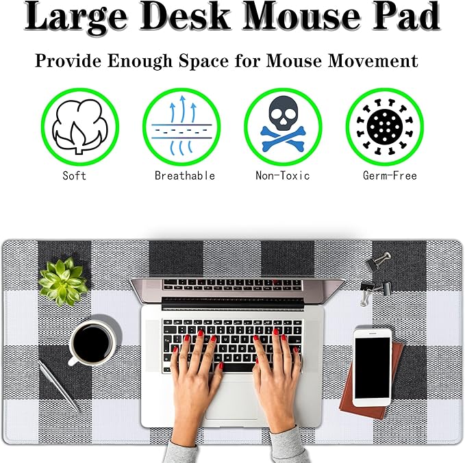 Office Desk Mats Black and White Pad Buffalo Plaid for Table Gaming Mouse Pad Extra Large Mouse Pads Full Desk Mousepad Non-Slip Rubber Base 35.4" X 15.7" for Game Office, Buffalo Plaids