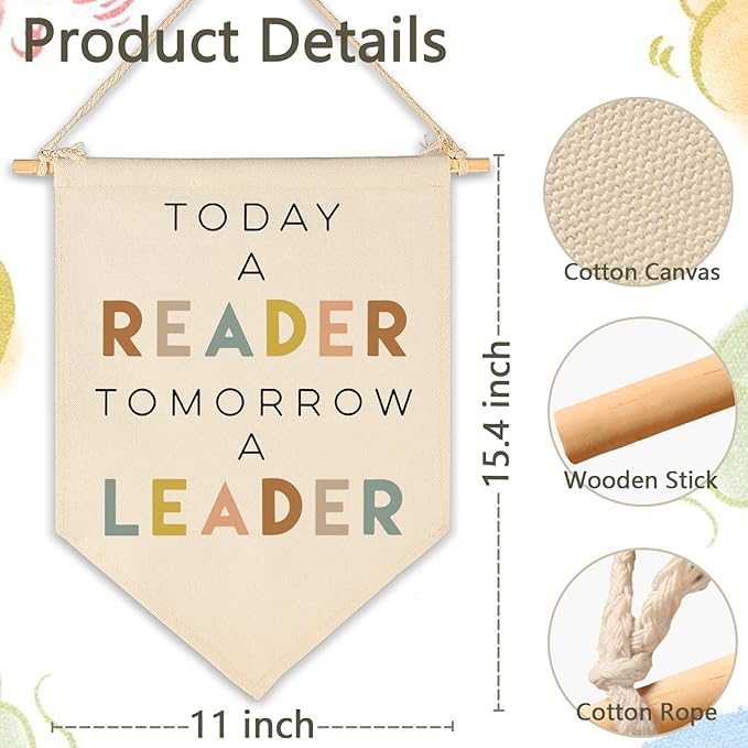Today A Reader Tomorrow A Leader-Reading Corner Banner-Reading Center Decor-Playroom Classroom Reading Decor-Canvas Hanging Pennant Flag Banner Wall Sign Gift-Birthday Christmas Gift