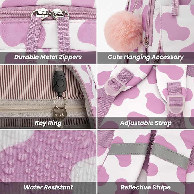 School Backpack for Teen Girls, Cute College Backpacks for Women Students Aesthetic Bookbag Large 15.6 Inch Laptop Bag Middle School Travel Back Pack (Cow Print Purple)