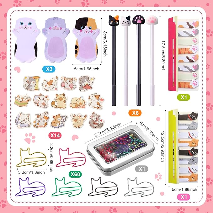 Outus Cat Office Supplies Cute Sticky Notes Paper Clips Gel Ink Pens Cartoon Stickers Party Favor for Cat Lovers Office Supplies(Funny Style)