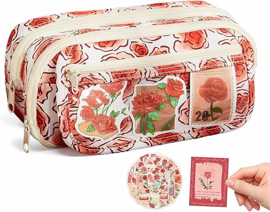 Rose Large Pencil Case Pouch Coquette Aesthetic Floral Big Stationery Bag with 50pcs Rose Stickers for Office College Makeup Adults