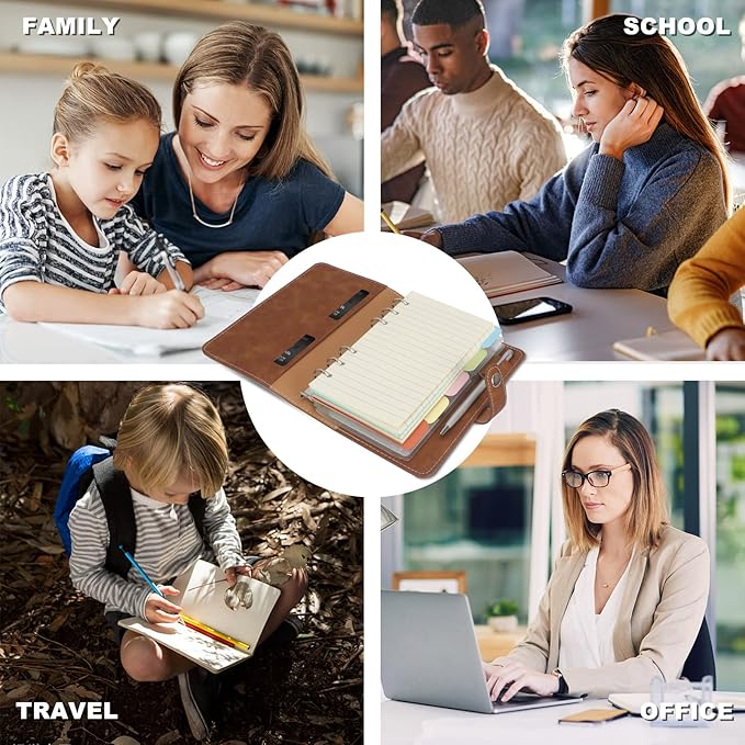 FYY A6 Binder Refillable Planner Notebook 6 Ring PU Leather Binder Journal with Pockets, Dividers, Refill Paper Brown